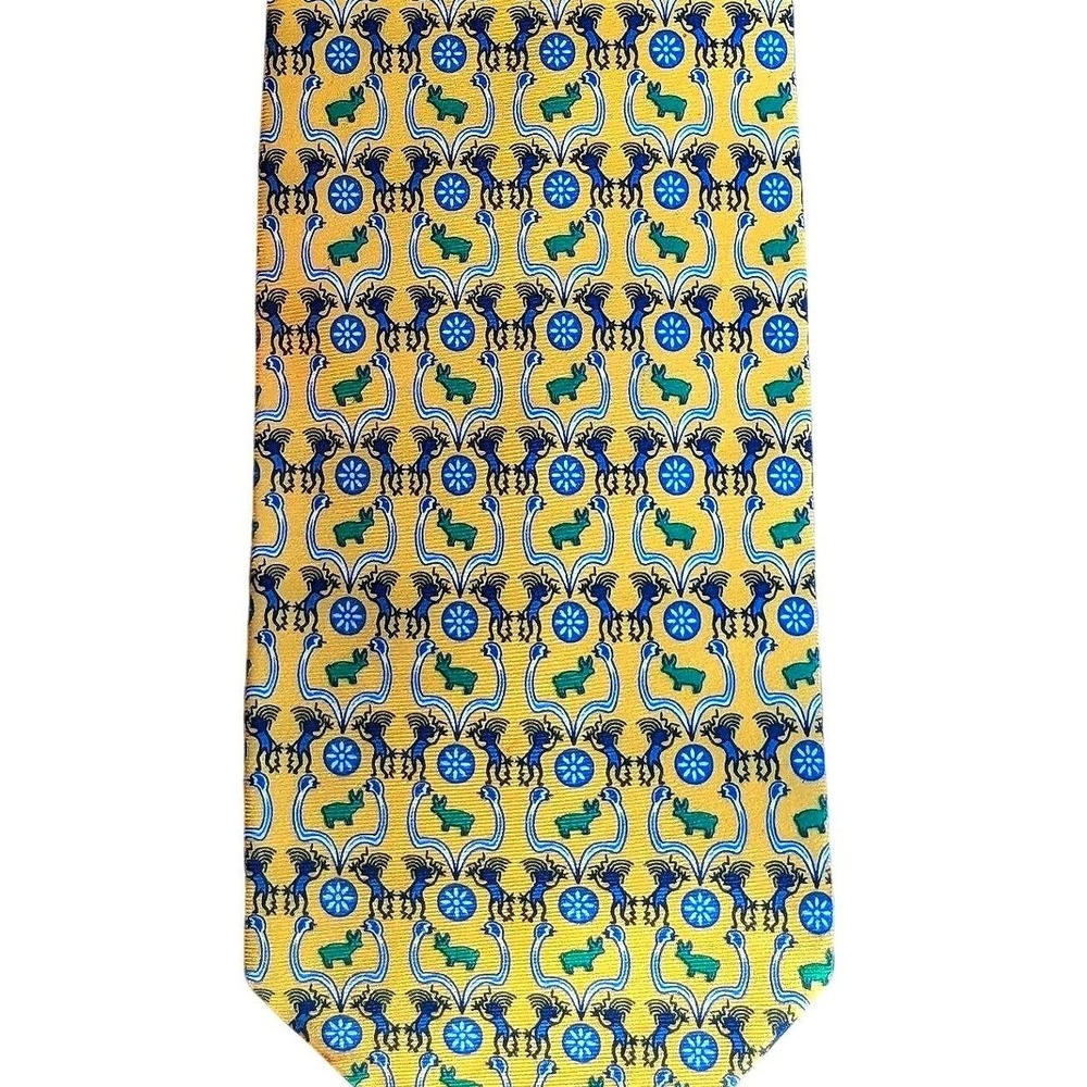 Pineda Covalin Mexico Huichol Bright Silk Tie Yellow Green Blue Deer Sun Pattern
